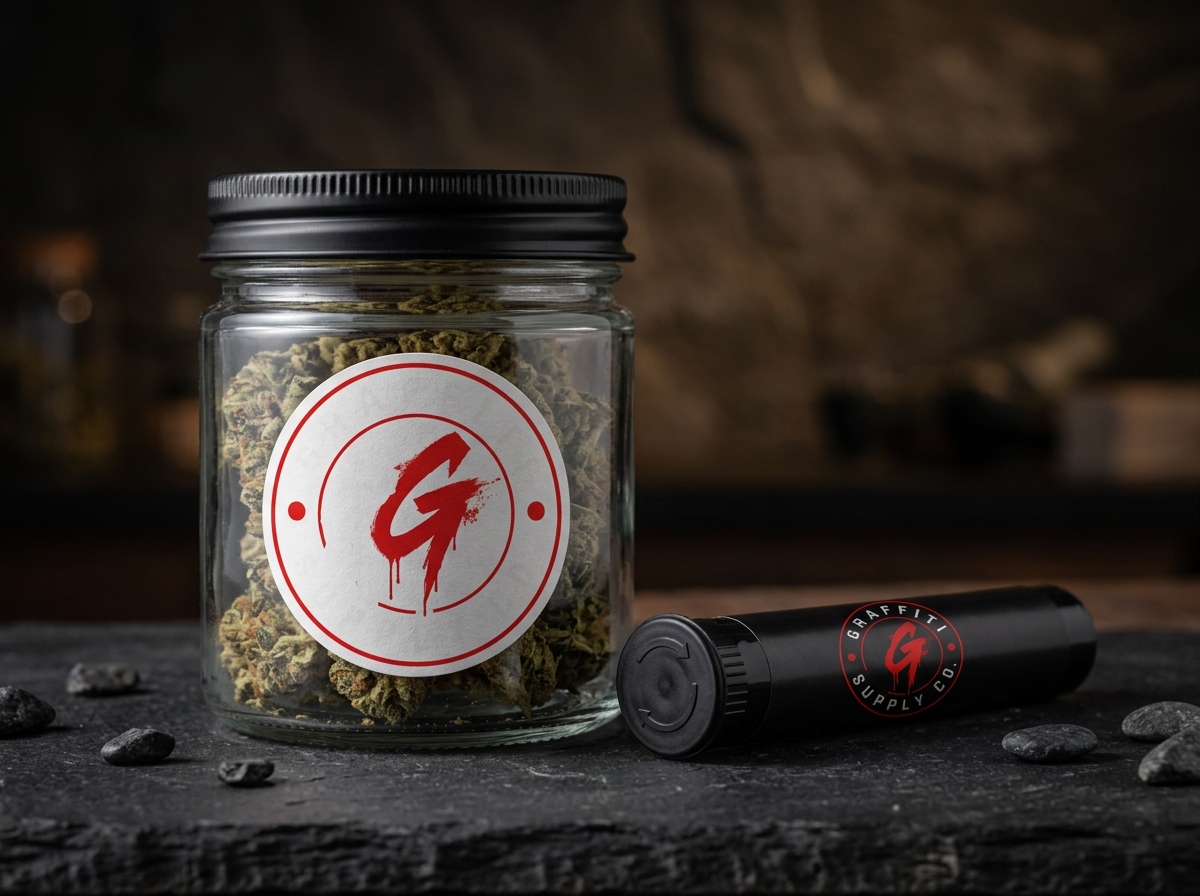 Graffiti Supply Co cannabis jar and pre-roll tube mockup with preserved logo artwork