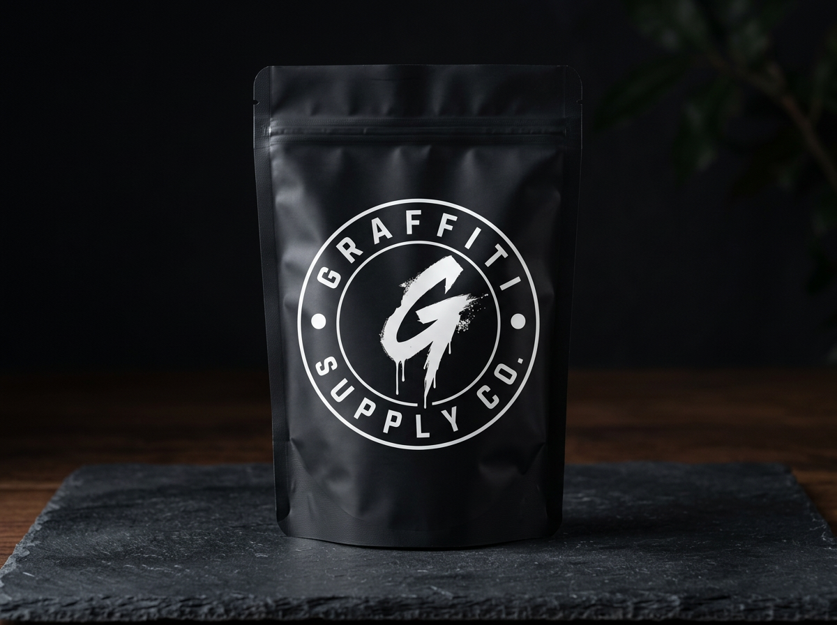 Graffiti Supply Co cannabis mylar pouch mockup with preserved logo artwork