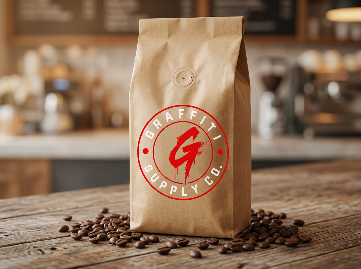 Graffiti Supply Co coffee bag mockup with preserved logo artwork