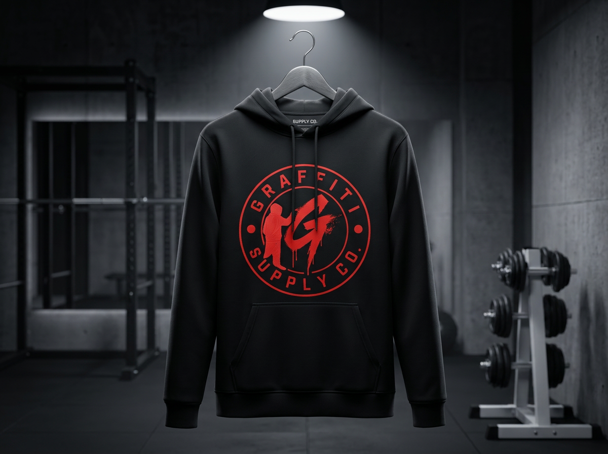 Graffiti Supply Co performance hoodie mockup with preserved logo artwork