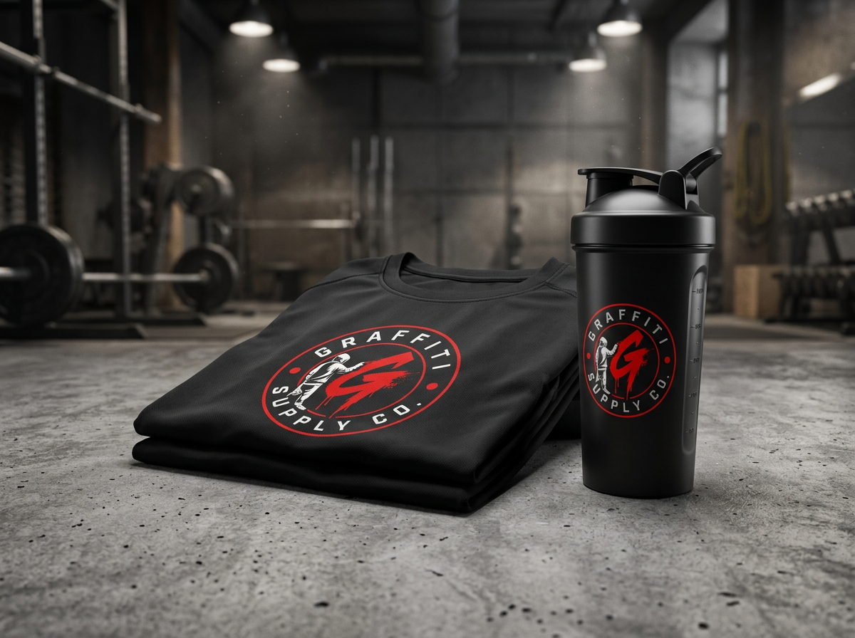 Graffiti Supply Co training shirt and shaker mockup with preserved logo artwork